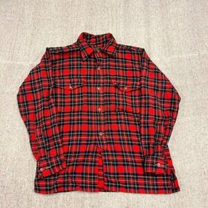 Vintage Pure Wool Flannel Shirt Mens Medium Red 1940s Canada Plaid Long Sleeve